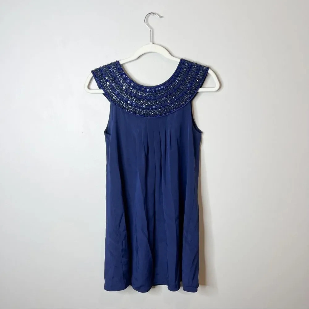 Alice + Olivia Blue Silk Beaded Sheath Shift Mini Dress
